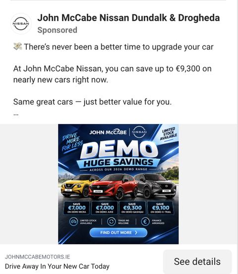 Facebook ad for demo stock with savings up to 9,300 euro