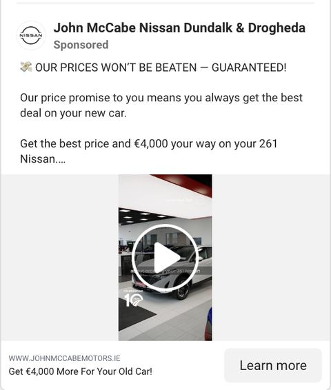 Facebook showroom video ad with a price promise and 4,000 euro for the trade-in