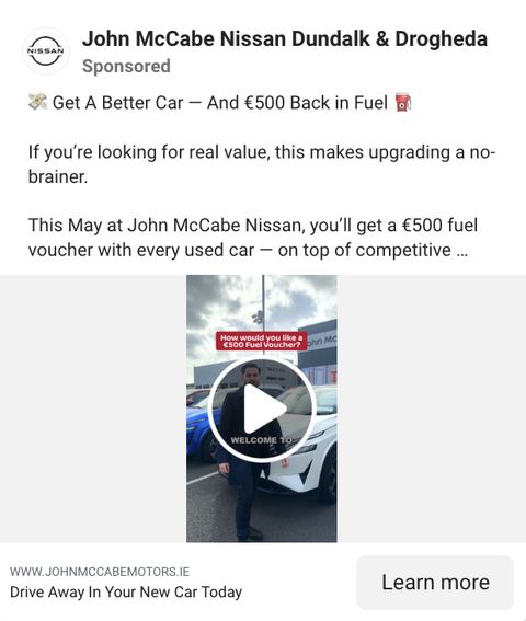 Facebook video ad on the forecourt offering a 500 euro fuel voucher with used cars