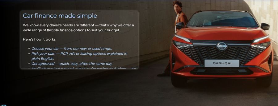 Dealer website finance section explaining PCP, HP and leasing