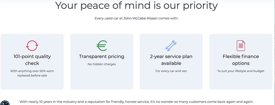 Dealer website section listing a 101-point check, transparent pricing, 2-year service plan and finance